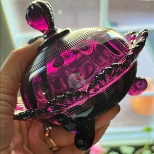 Mosser Amethyst Klondkie Glass Covered Candy Dish – Footed with Beaded Rim